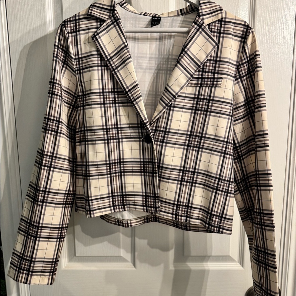 SHEIN Black and White Plaid Blazer Jacket - Picture 7 of 8